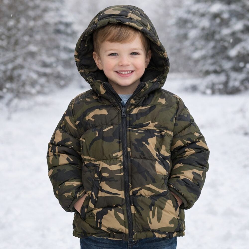 D22 Old Navy Boy's Camo Puffer Hooded Coat, Size 3T, Pre-owned